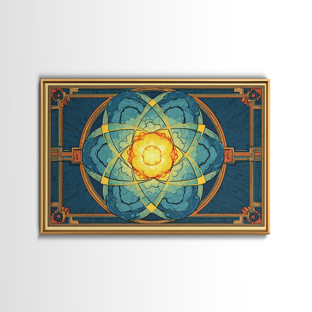 Ornate Atomic Explosion Framed Canvas Print, Art Deco Science Poster, Geometric Wall Art Decor, Midcentury Modern Print Gift