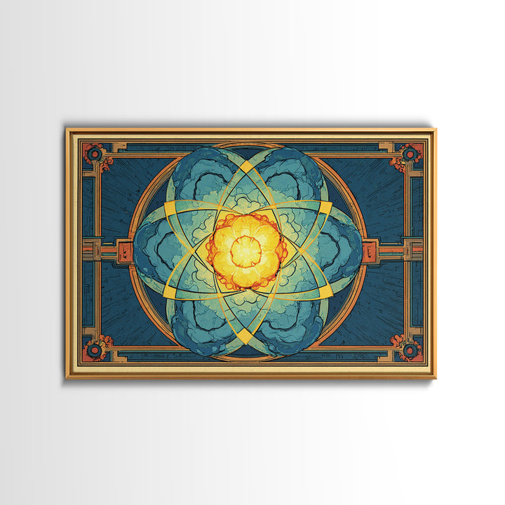 Ornate Atomic Explosion Framed Canvas Print, Art Deco Science Poster, Geometric Wall Art Decor, Midcentury Modern Print Gift