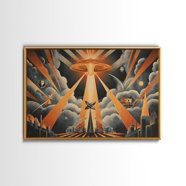 UFO Beam Over City Canvas Print, Retro Sci Fi Poster, Atomic Space Wall Art, Midcentury Modern MCM Decor, Orange Rays Print