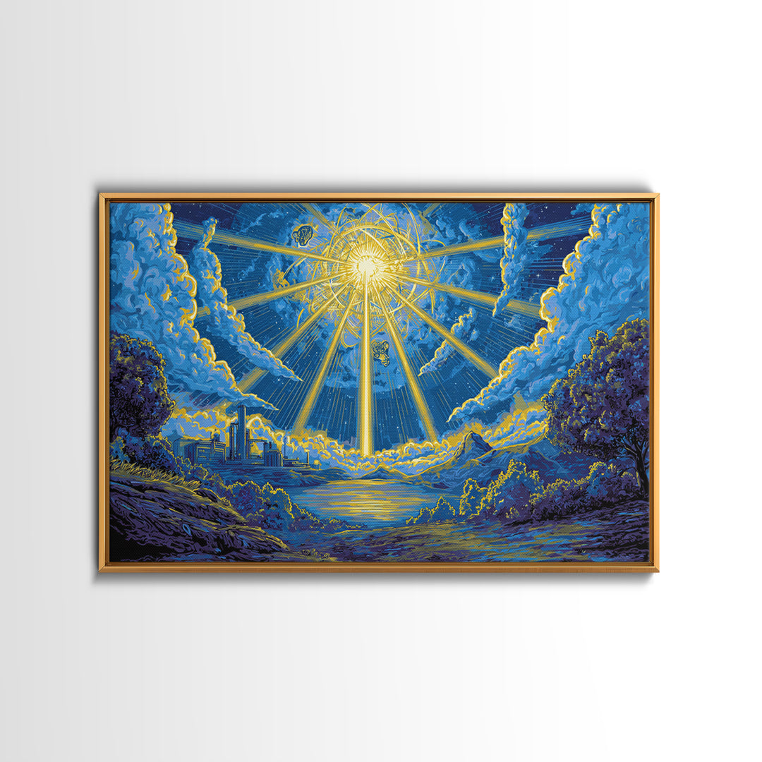 Blue Celestial Sunburst Sky Wall Art, Dreamy Cosmic Landscape Poster, Midcentury Modern Decor, Retro Spiritual Art Print