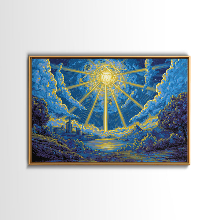 Blue Celestial Sunburst Sky Wall Art, Dreamy Cosmic Landscape Poster, Midcentury Modern Decor, Retro Spiritual Art Print