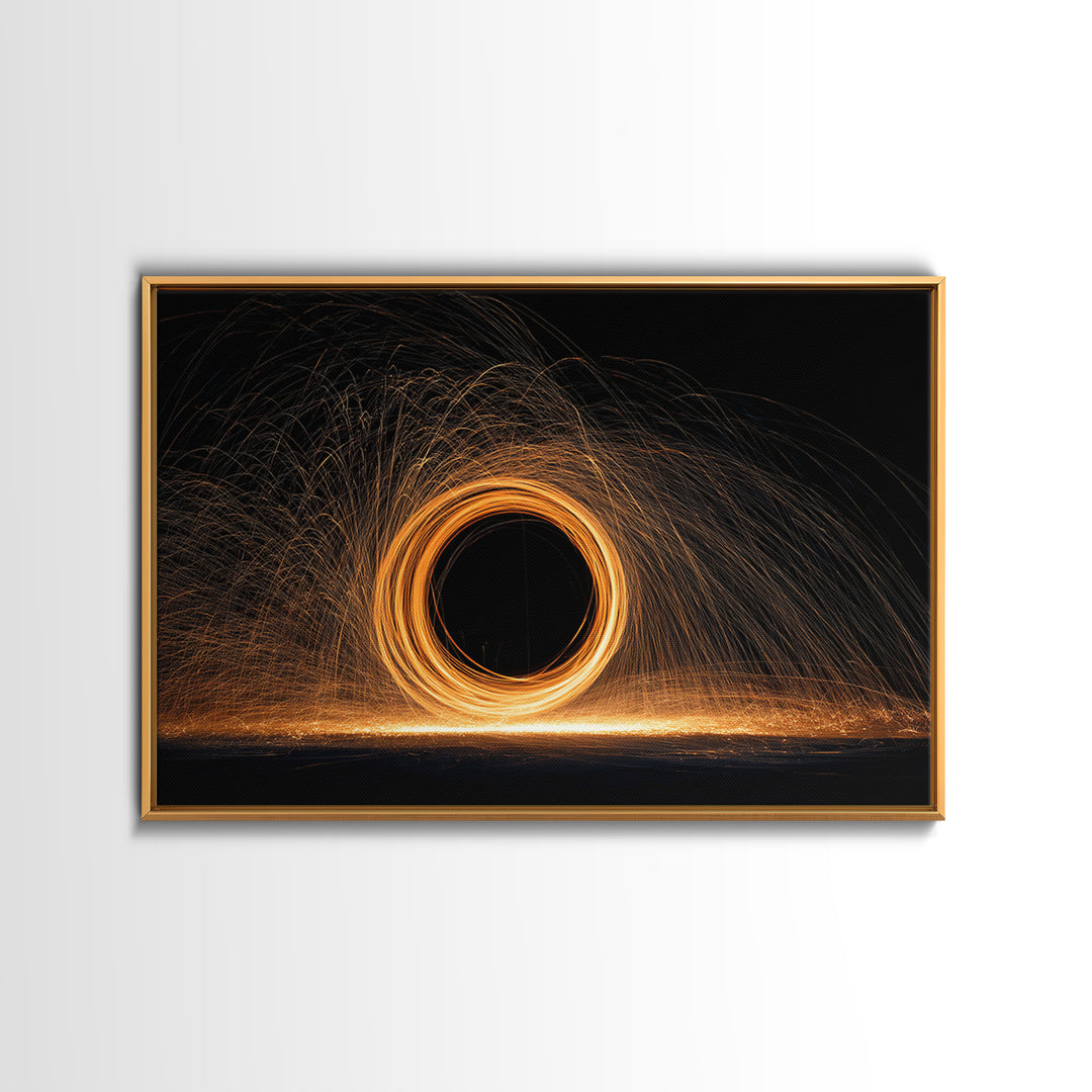 Orange Black Hole Light Trails Wall Art, Modern Abstract Art Print, Cosmic Retro Decor, Home Office Art, Framed Canvas Print