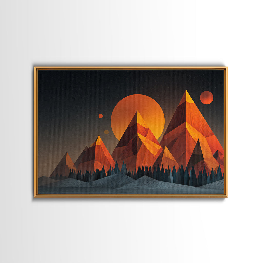 Orange Planet Pyramid Mountains Framed Canvas Print, Retro Futuristic Wall Art, Geometric Sci Fi Poster, MCM Home Decor Print
