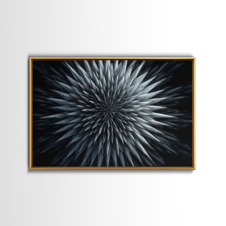 Metallic Crystal Starburst Framed Canvas Print, Modern Abstract Art, Geometric Wall Decor, Black Blue Statement Art Poster