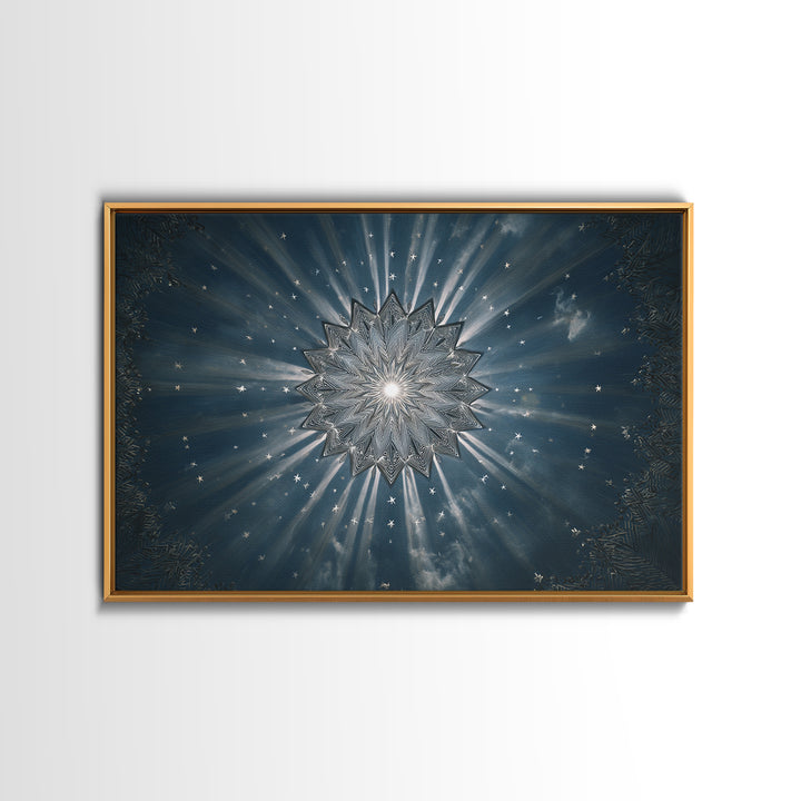 Radiant Blue Celestial Mandala Starburst Wall Art, Midcentury Modern Art Print, Atomic Retro Home Decor, Framed Canvas Print