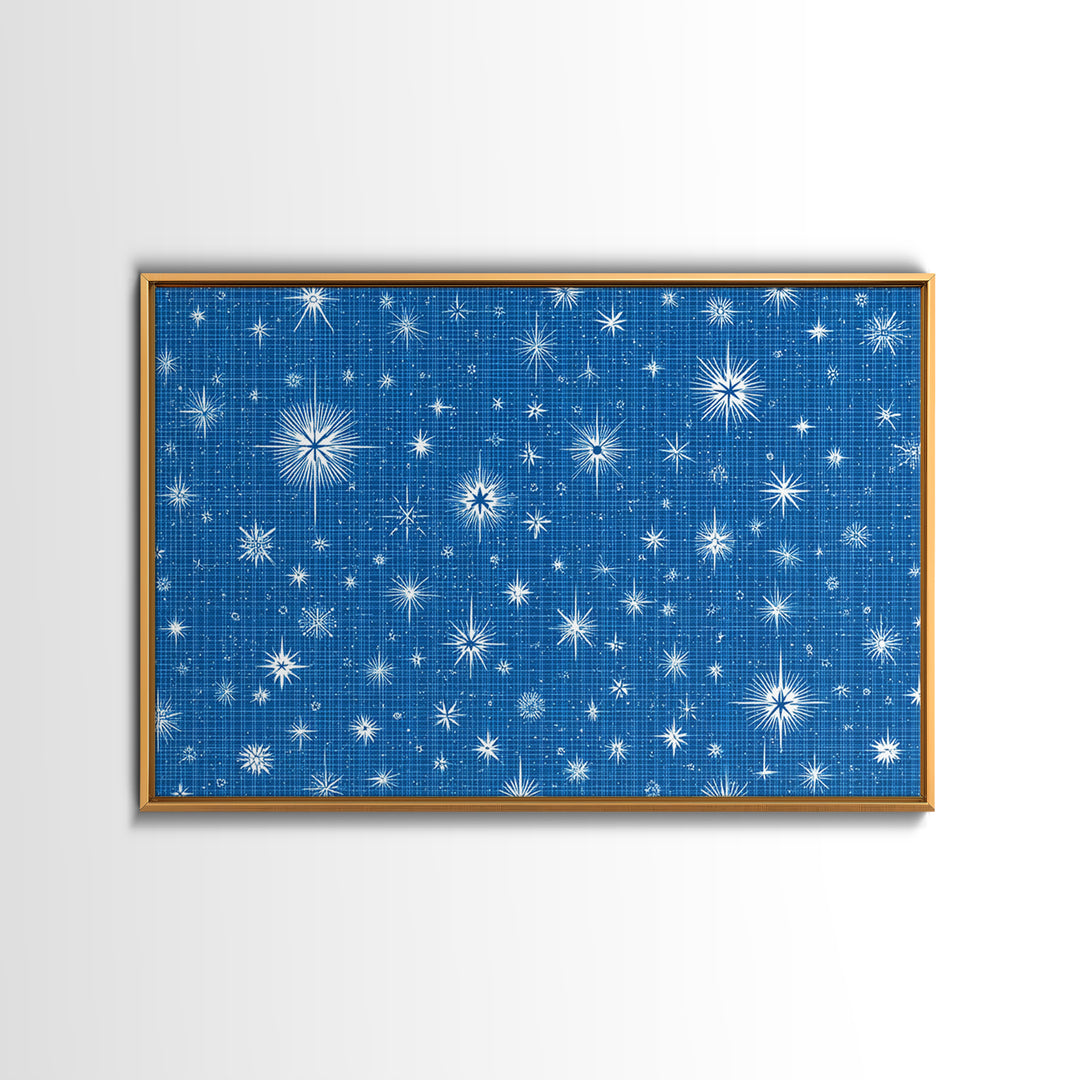 Blue Blueprint Atomic Starburst Wall Art, Midcentury Modern Art Print, Retro Geometric Pattern, Office Decor Canvas Print