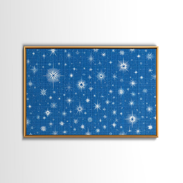 Blue Blueprint Atomic Starburst Wall Art, Midcentury Modern Art Print, Retro Geometric Pattern, Office Decor Canvas Print