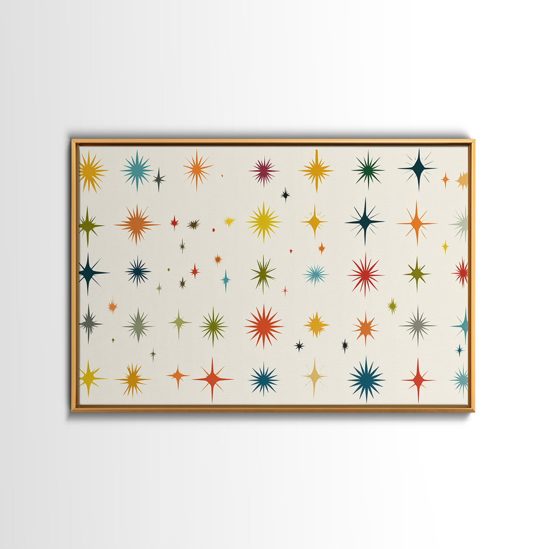 Cream Atomic Starburst Pattern Wall Art, Midcentury Modern Print, Retro 50s Colorful Home Decor, MCM Framed Canvas Print