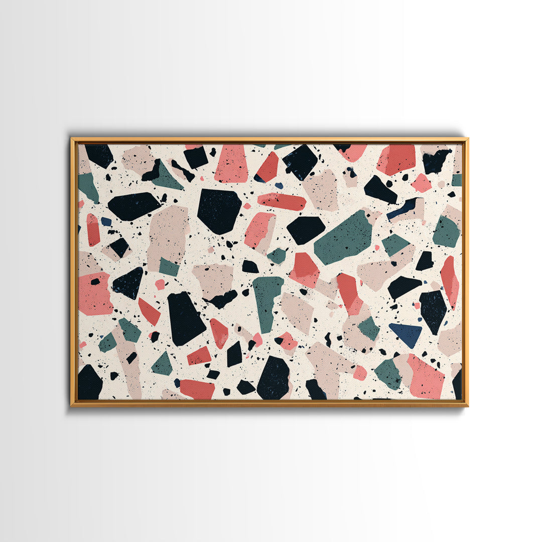 Coral Teal Terrazzo Abstract Wall Art, Midcentury Modern Art Print, Retro Geometric Pattern Home Decor, Framed Canvas Print