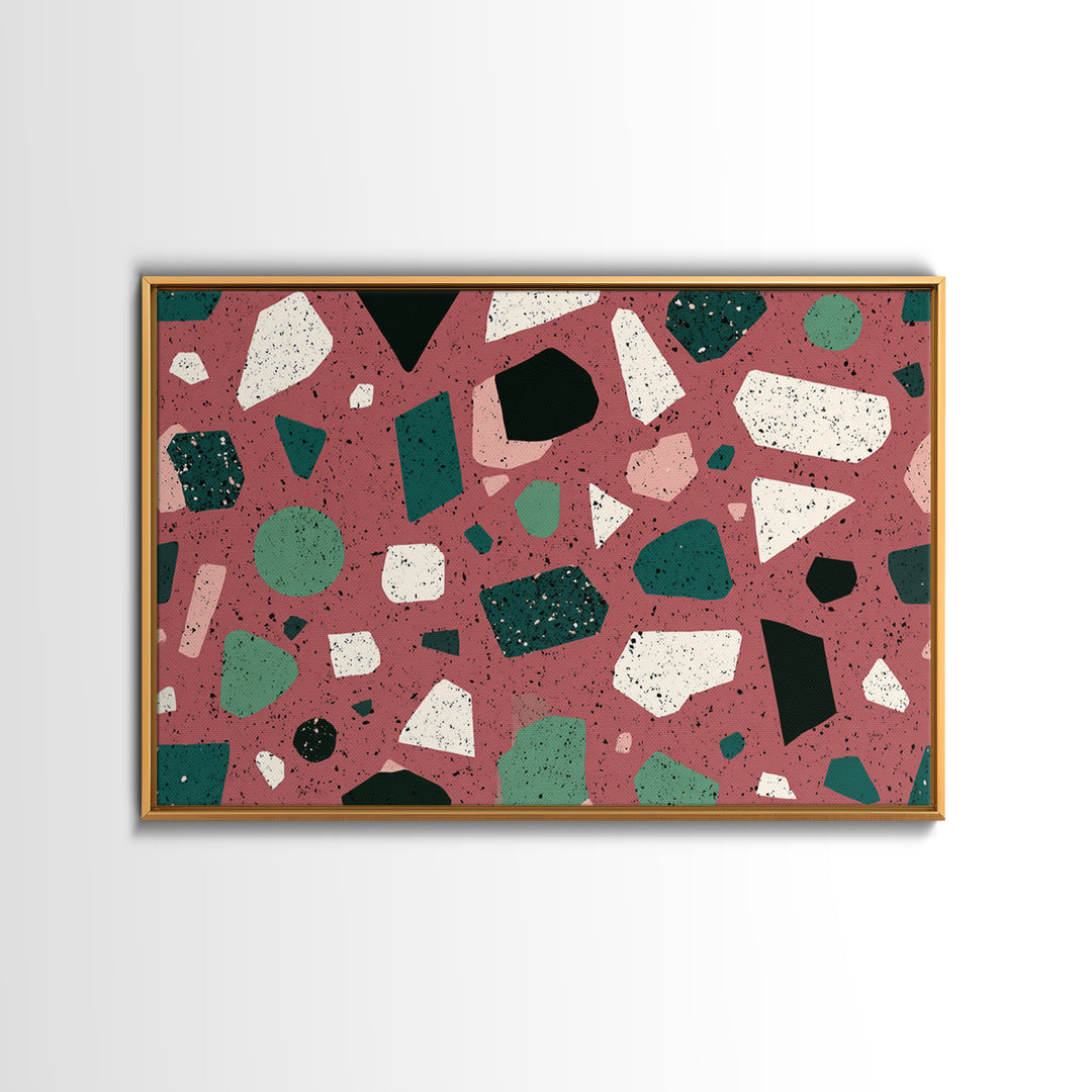 Rose Green Terrazzo Abstract Wall Art, Midcentury Modern Print, MCM Retro Geometric Pattern Home Decor, Framed Canvas Print