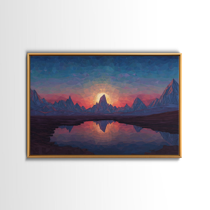 Low Poly Alpine Mountain Sunset Wall Art, Blue Lake Reflection Landscape, Modern Geometric Print, Scenic Home Office Decor