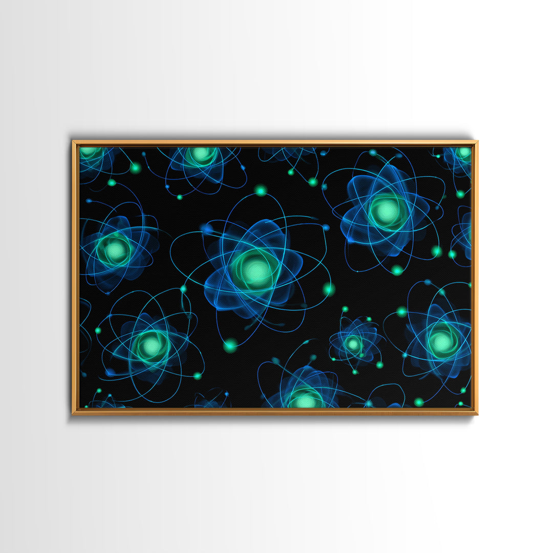 Glowing Blue Green Atomic Orbit Pattern Wall Art, Mid Century Modern Decor, Retro Sci Fi Poster, MCM Wall Decor, Geometric Art Print