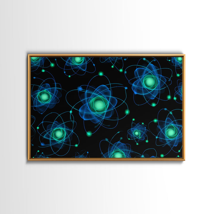 Glowing Blue Green Atomic Orbit Pattern Wall Art, Mid Century Modern Decor, Retro Sci Fi Poster, MCM Wall Decor, Geometric Art Print