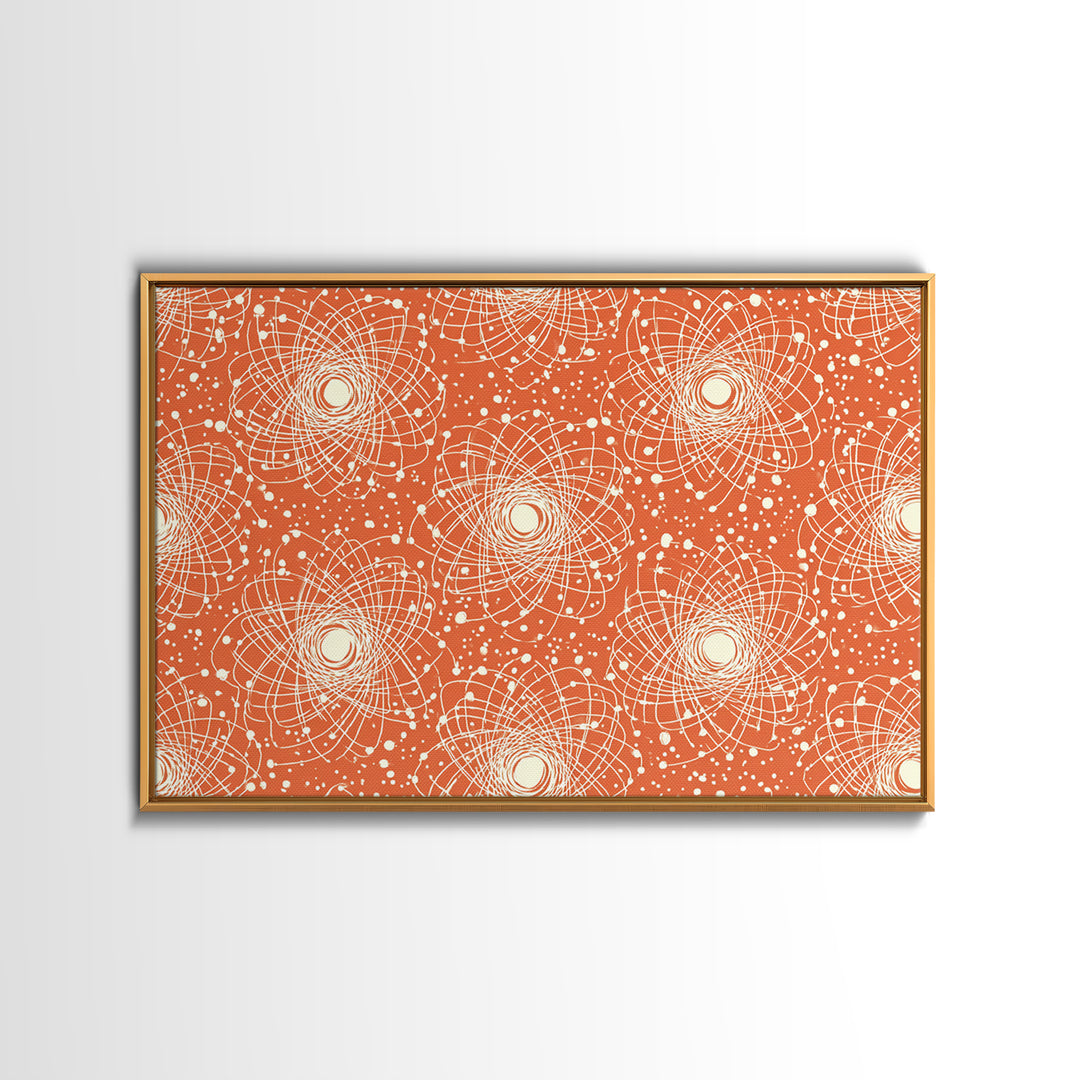 Orange White Atomic Orbit Pattern Canvas Print, Mid Century Modern Decor, Retro Science Poster, Geometric Wall Art, MCM Home Decor