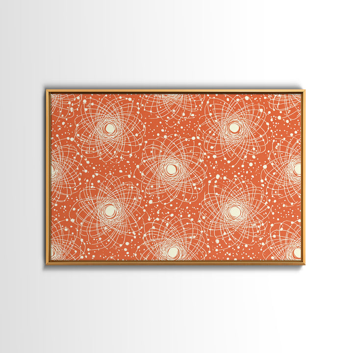 Orange White Atomic Orbit Pattern Canvas Print, Mid Century Modern Decor, Retro Science Poster, Geometric Wall Art, MCM Home Decor