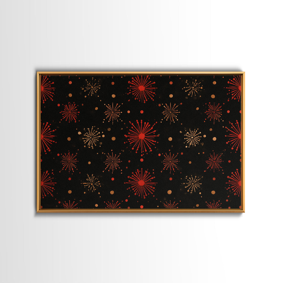 Red Gold Atomic Starburst Pattern Wall Art, Mid Century Modern Decor, Retro 1950s Poster, Black Wall Decor, MCM Geometric Art Print