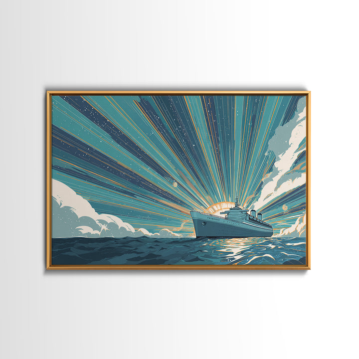 Ocean Liner Sunrise Ray Wall Art, Retro Travel Poster, Nautical Decor, Art Deco Cruise Ship Print, Coastal Living Room Decor