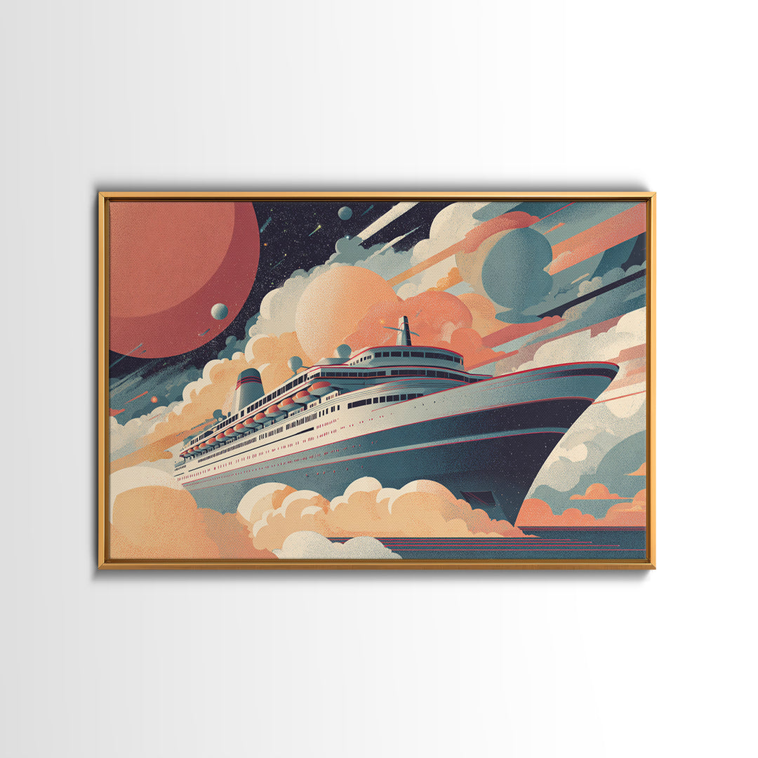 Space Cruise Ship With Planets Wall Art, Retro Sci Fi Poster, Mid Century Modern Decor, Celestial Travel Print, Cosmic Art