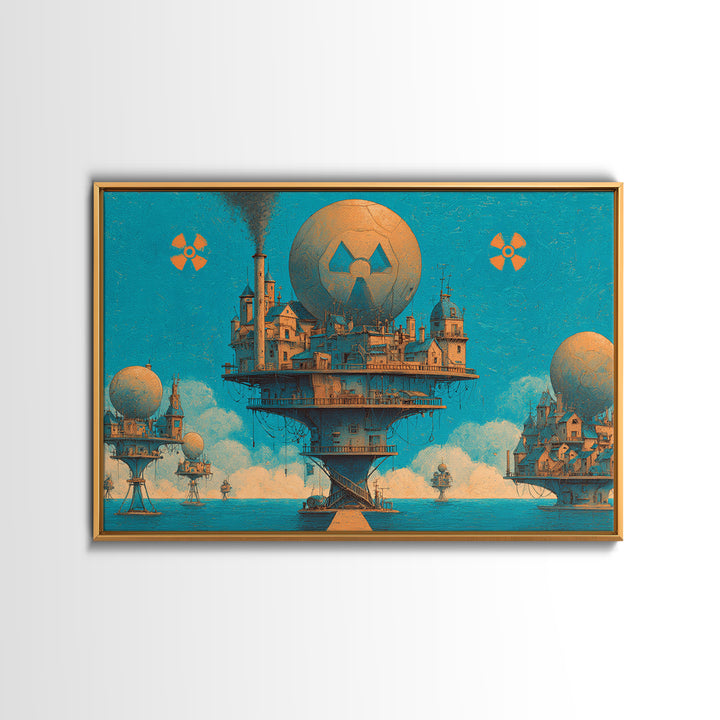 Floating Nuclear City Wall Art, Retro Sci Fi Poster, Industrial Dystopian Decor, Teal Orange Canvas Print, Statement Art