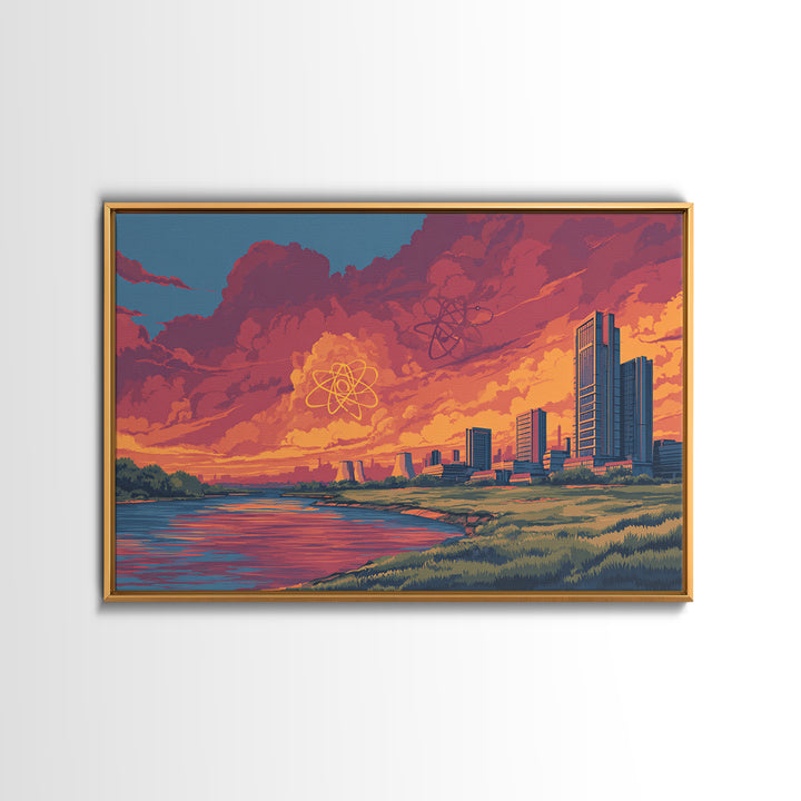 Red Cloud Atomic Waterfront Skyline Wall Art, Midcentury Modern Canvas Print, Retro Sci Fi Sunset Poster, Colorful Home Decor