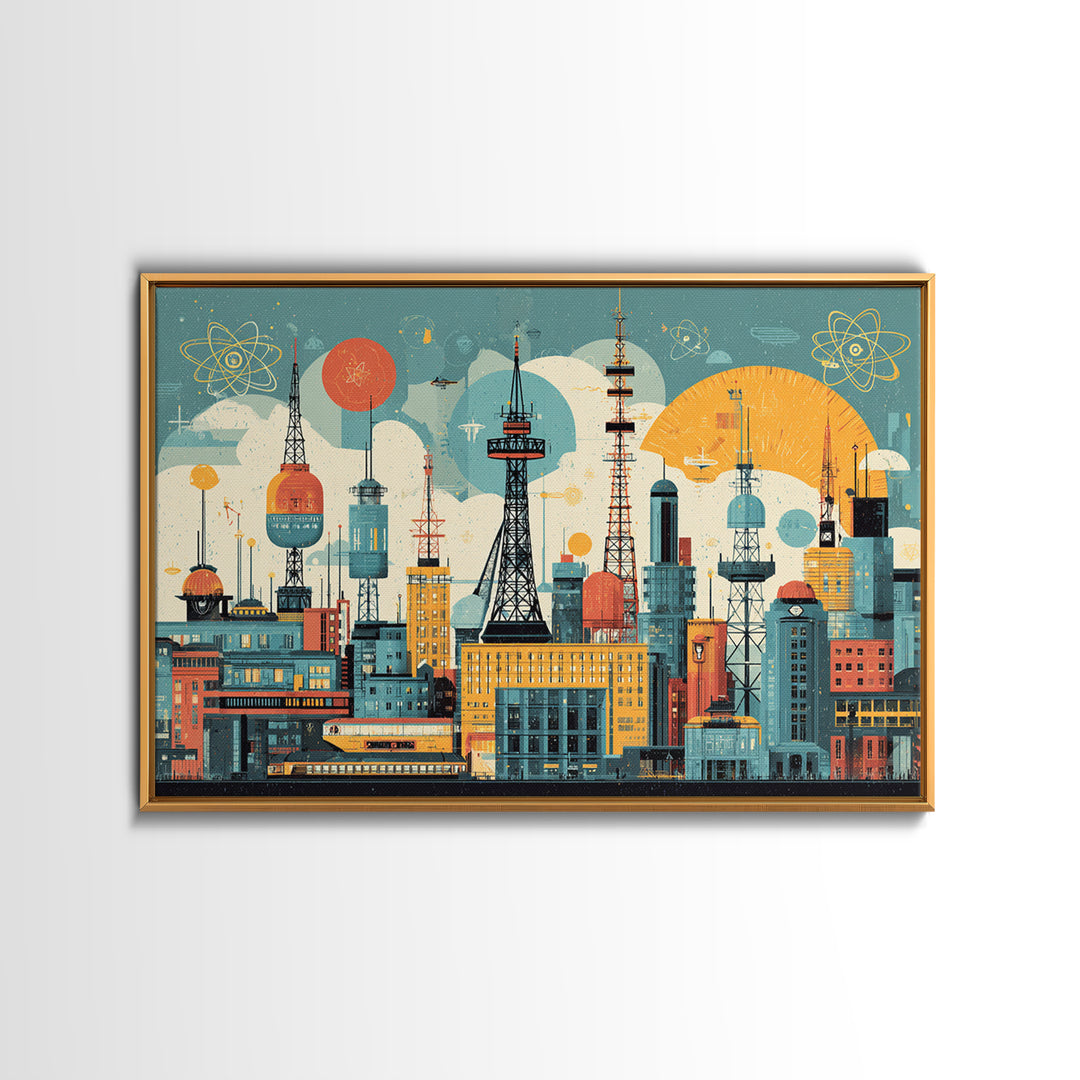 Retro Radio Tower City Collage Wall Art, Midcentury Modern Print, Atomic Skyline Poster, Geometric Urban Home Decor, MCM Office Decor