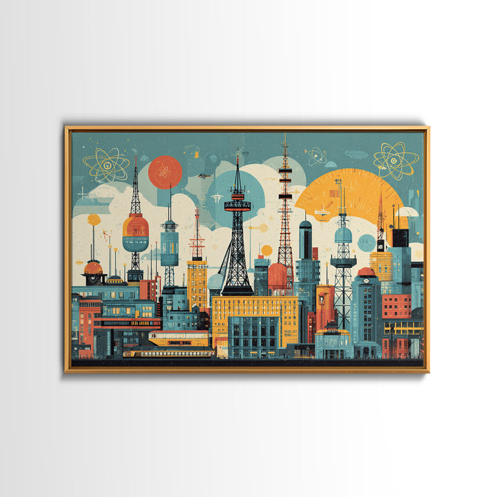 Retro Radio Tower City Collage Wall Art, Midcentury Modern Print, Atomic Skyline Poster, Geometric Urban Home Decor, MCM Office Decor