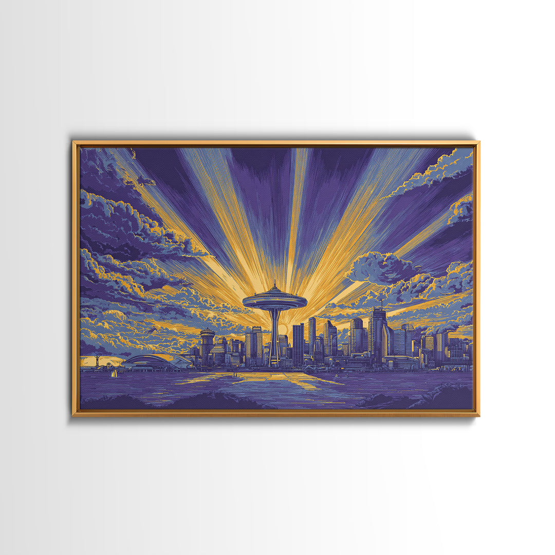 Seattle Space Needle Sunburst Wall Art, Midcentury Modern Canvas Print, Retro Skyline Poster, Purple Yellow MCM Home Decor