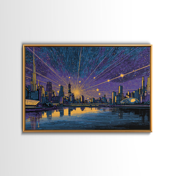 Futuristic Skyline Meteor Shower Wall Art, Midcentury Modern Sci Fi City Poster, Blue Gold Urban Decor, MCM Office Print