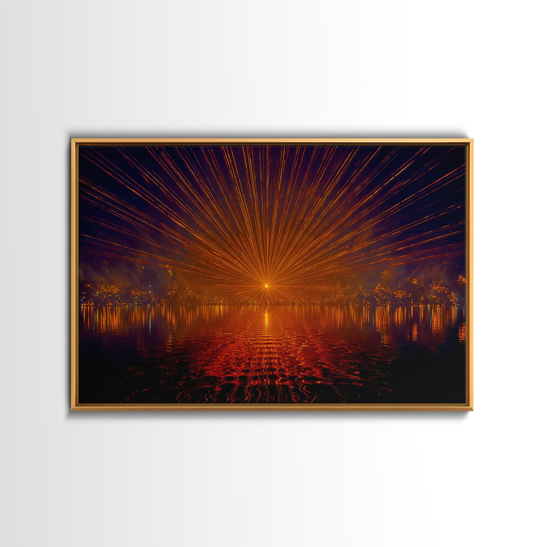 Orange Laser Sunset Over Water Wall Art, Modern Abstract Sci Fi Landscape, Retro Futuristic Poster, Large MCM Office Decor