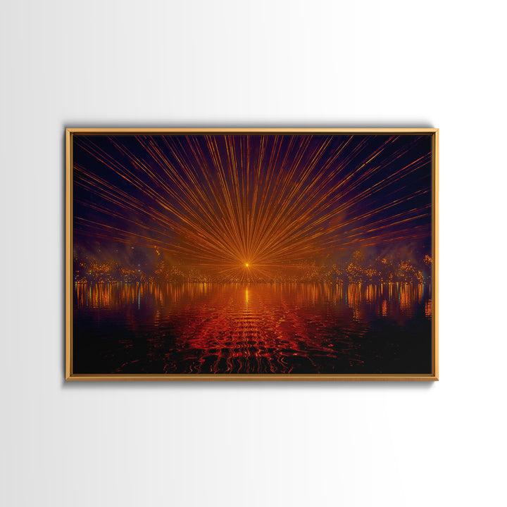 Orange Laser Sunset Over Water Wall Art, Modern Abstract Sci Fi Landscape, Retro Futuristic Poster, Large MCM Office Decor