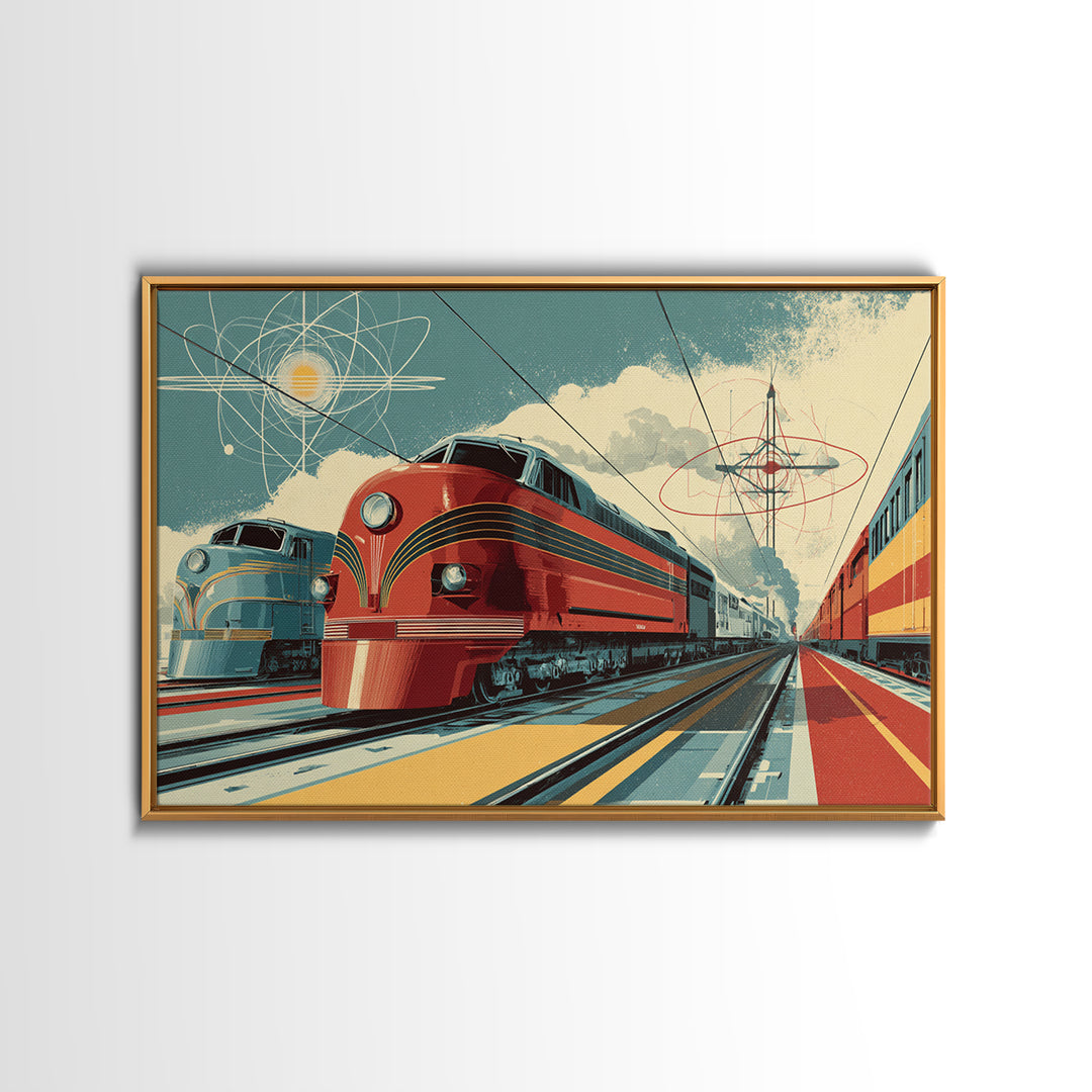 Red Streamliner Train Station Wall Art, Retro Futurism Poster, Mid Century Modern Decor, Atomic Railroad Print, Office Wall Decor
