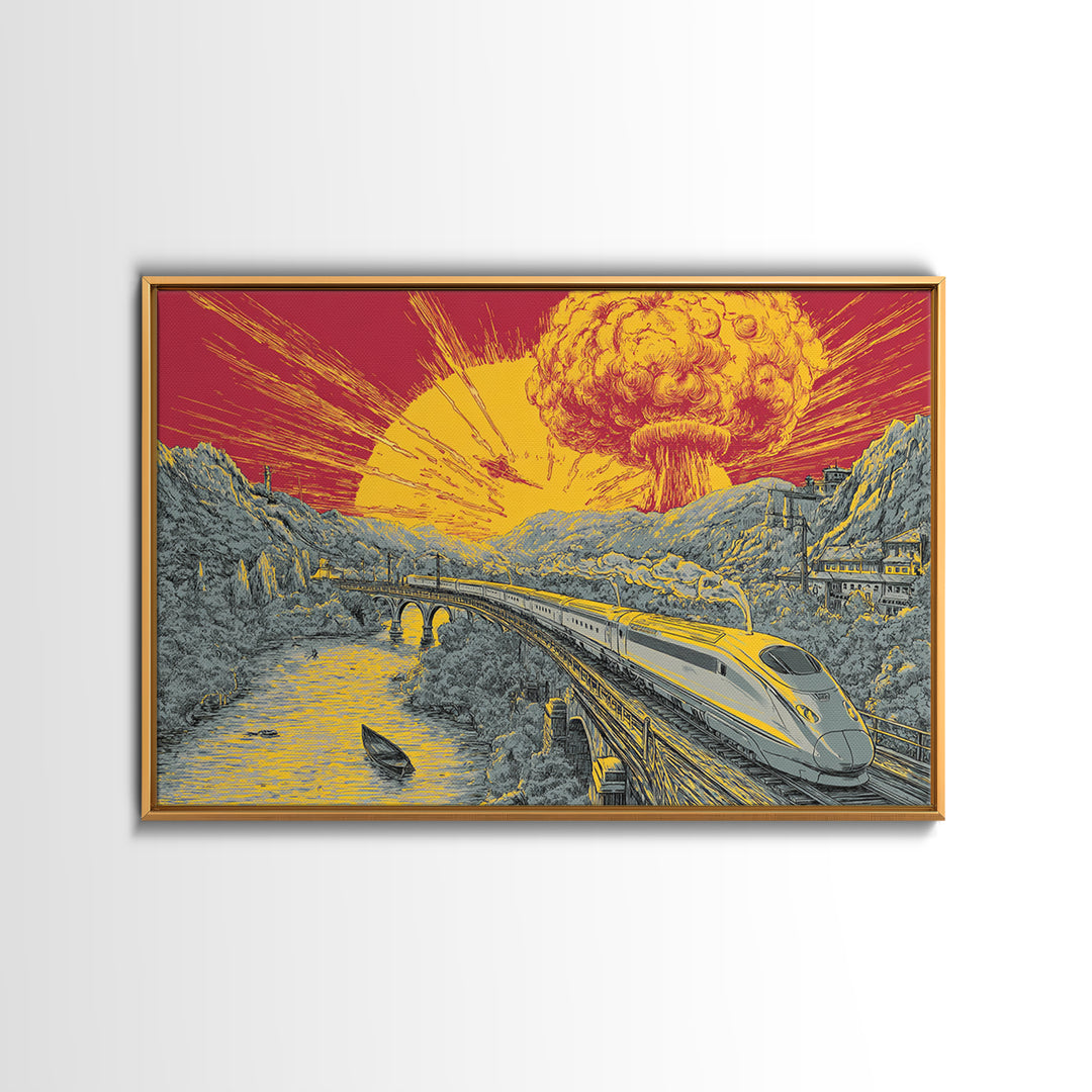 Nuclear Bullet Train Landscape Canvas Print, Apocalyptic Retro Poster, Sci Fi Wall Decor, Dramatic Yellow Art, Modern Wall Art