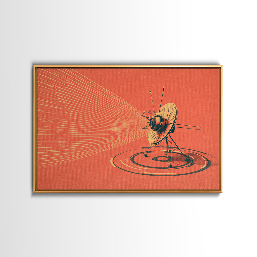 Orange Satellite Dish Signal Canvas Print, Retro Futurism Space Poster, Atomic Midcentury Decor, Minimalist Wall Art For Office