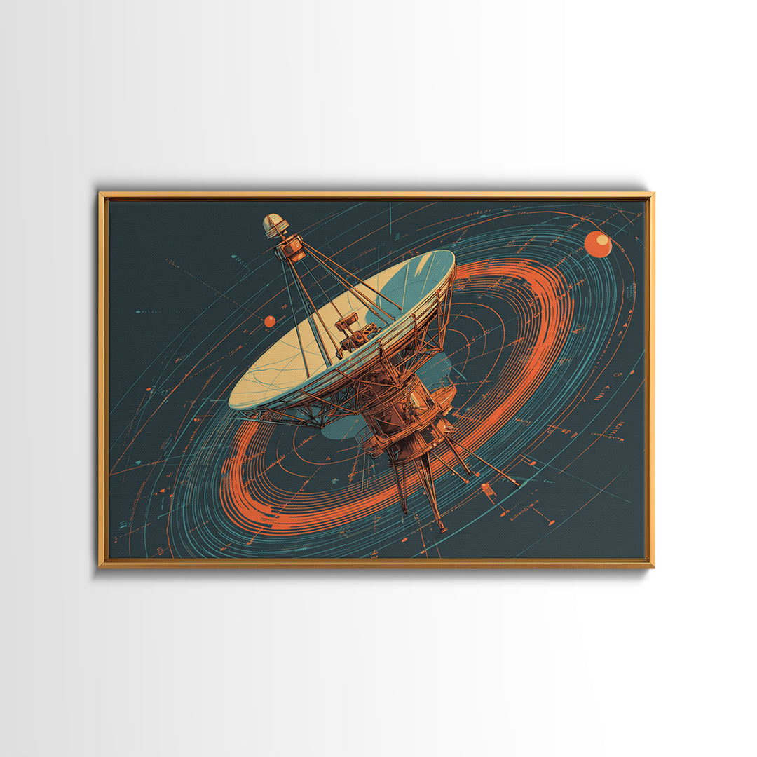 Deep Space Radio Telescope Canvas Print, Teal Orange Retro Futurism Poster, Orbital Lines Art, Midcentury Modern Wall Decor