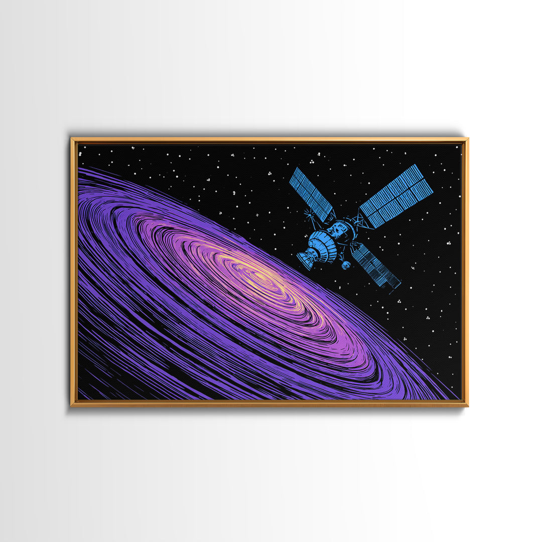 Purple Galaxy Satellite Canvas Print, Retro Sci Fi Space Poster, Cosmic Abstract Art, Blue Black Wall Decor, Modern Art Print