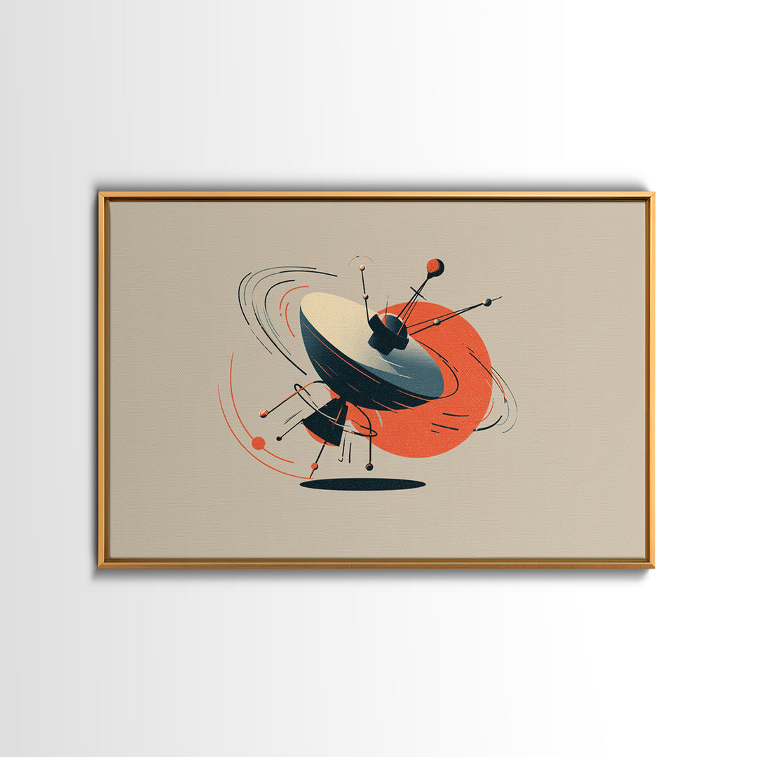 Atomic Sputnik Satellite Sculpture Wall Art, Mid Century Modern Poster, Orange Beige Retro Print, Geometric Space Home Decor