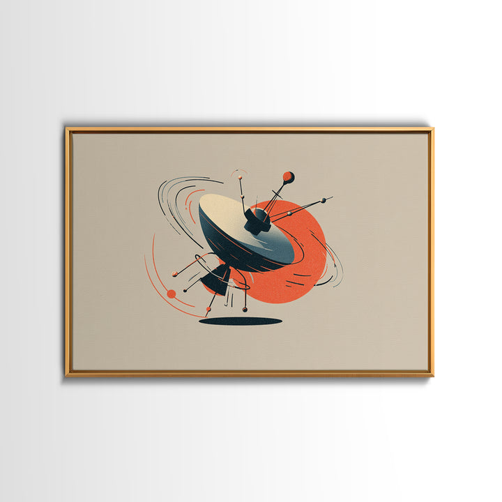 Atomic Sputnik Satellite Sculpture Wall Art, Mid Century Modern Poster, Orange Beige Retro Print, Geometric Space Home Decor