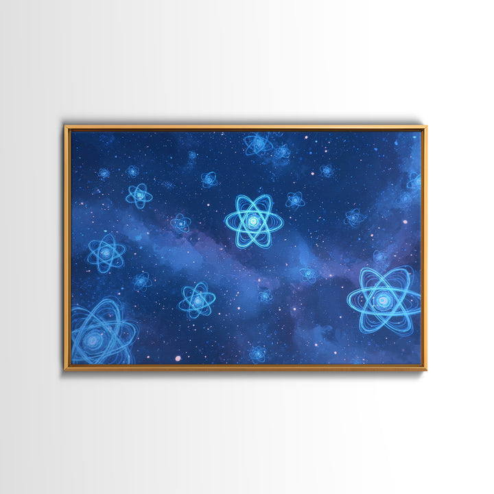 Blue Neon Atoms In Starry Nebula Canvas Print, Science Wall Art, Cosmic Retro Art, Modern Digital Art, Space Poster Decor