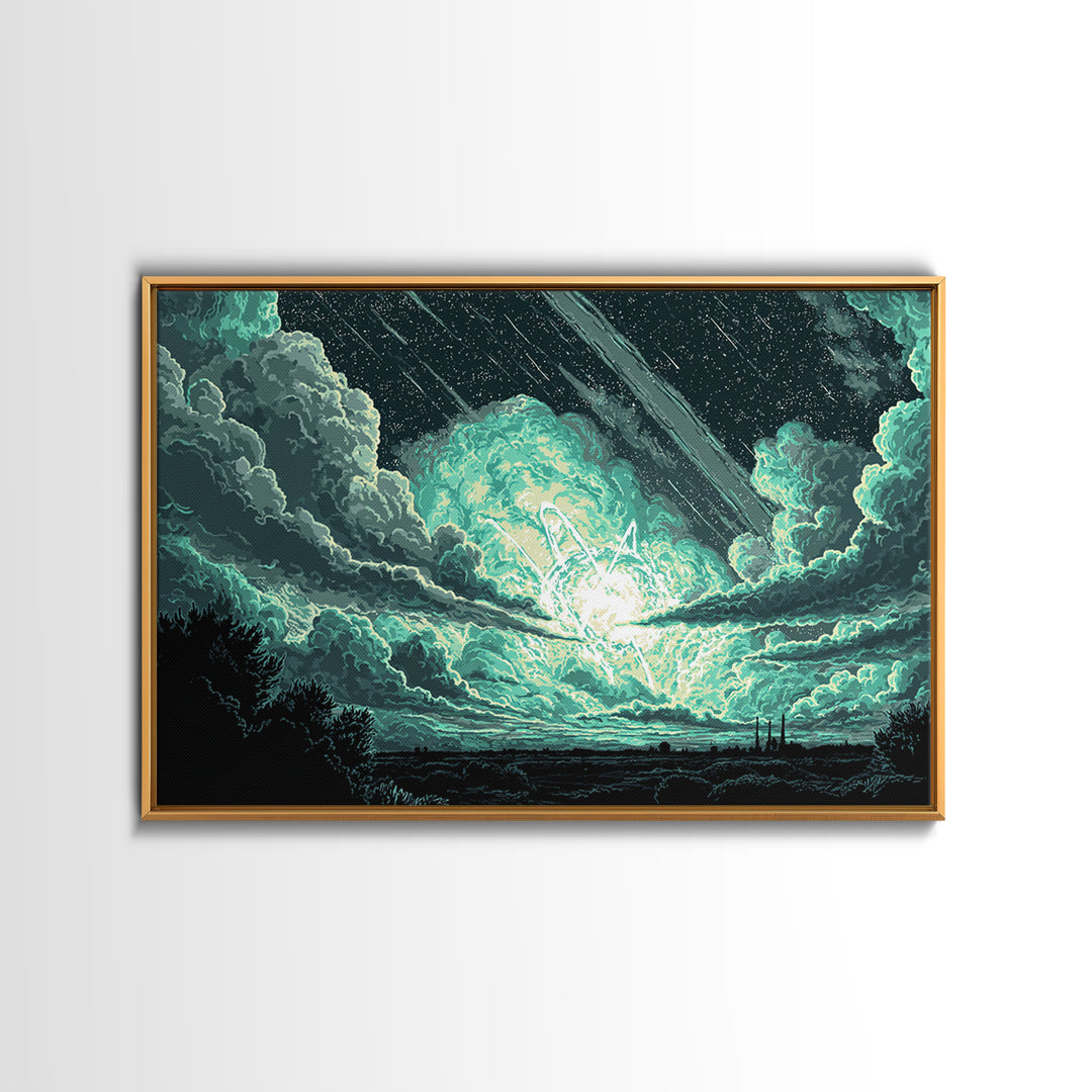 Glowing Meteor Burst In Emerald Clouds Wall Art, Pixel Sci Fi Landscape, Retro Art Poster, Space Abstract Art, Modern Wall Decor