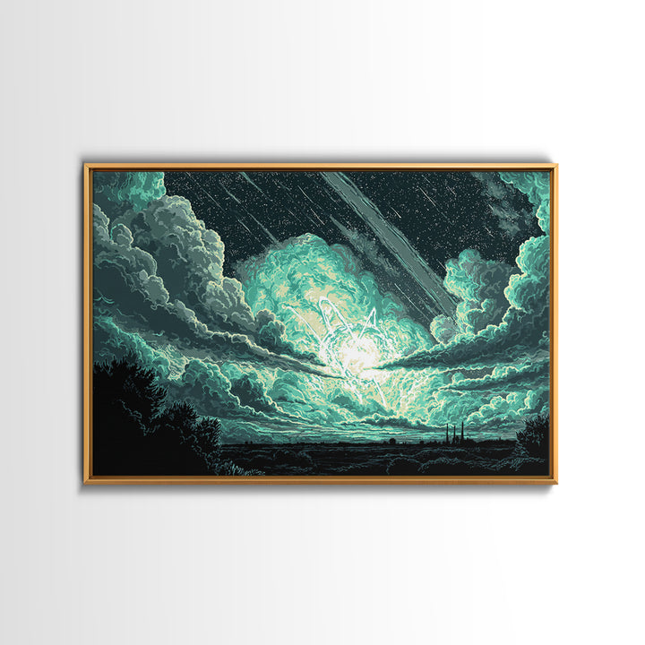 Glowing Meteor Burst In Emerald Clouds Wall Art, Pixel Sci Fi Landscape, Retro Art Poster, Space Abstract Art, Modern Wall Decor