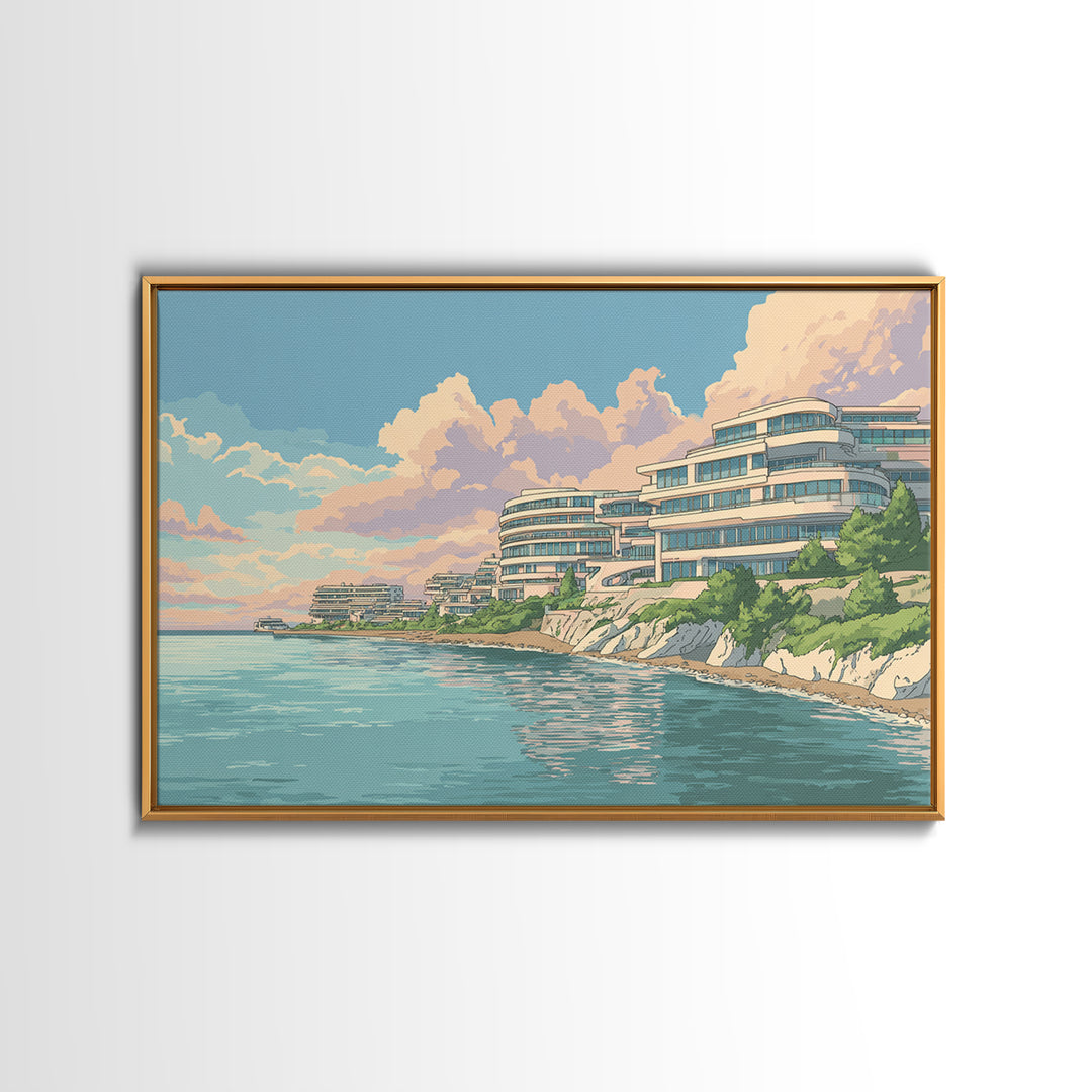 Pastel Coastal Modernist Apartments Canvas Print, Seaside Wall Art, Contemporary Print, Neutral Blue Home Decor, Ocean View Poster