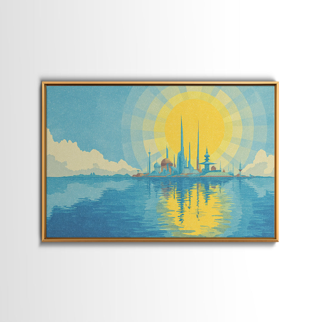 Radiant Sun Over Future Island Skyline Canvas Print, Retro Futuristic Wall Art, Blue Travel Poster, Modern Coastal Decor