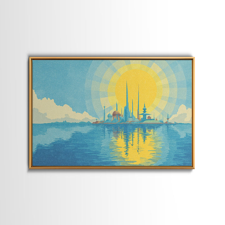Radiant Sun Over Future Island Skyline Canvas Print, Retro Futuristic Wall Art, Blue Travel Poster, Modern Coastal Decor