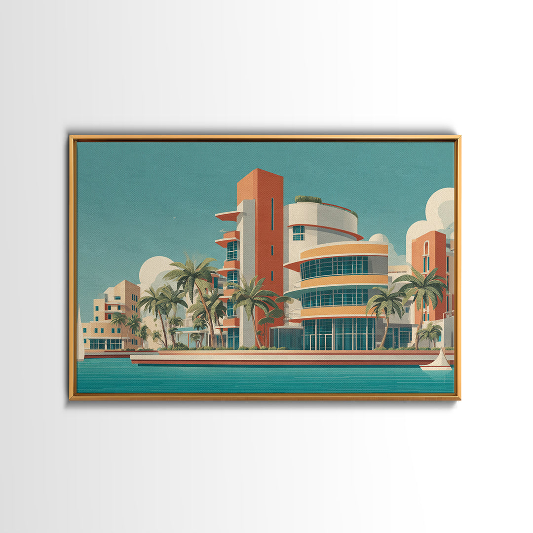 Art Deco Waterfront Hotel With Palm Trees Wall Art, Mid Century Modern Poster, Retro Travel Print, Palm Springs Decor, Home Decor