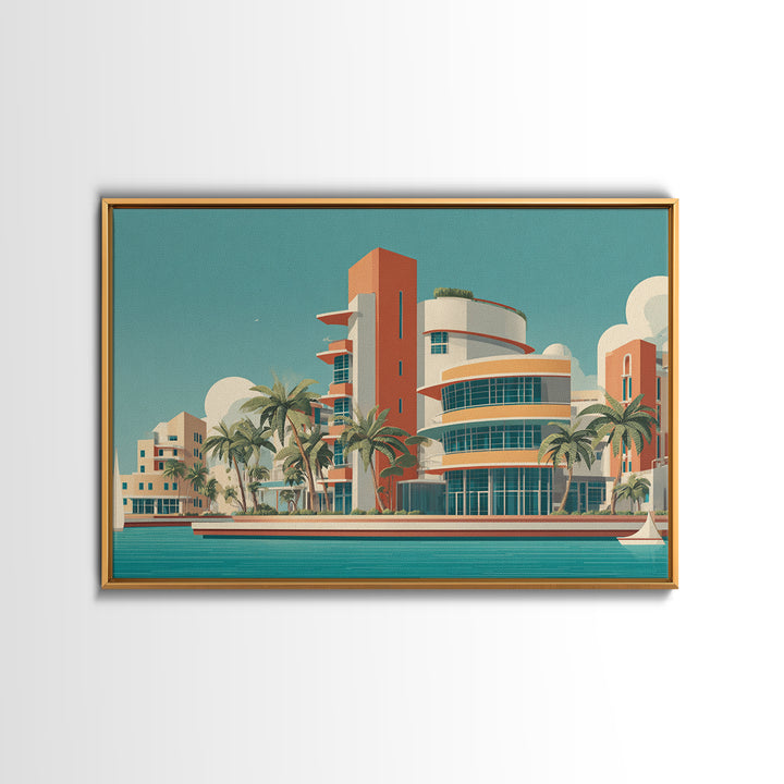 Art Deco Waterfront Hotel With Palm Trees Wall Art, Mid Century Modern Poster, Retro Travel Print, Palm Springs Decor, Home Decor