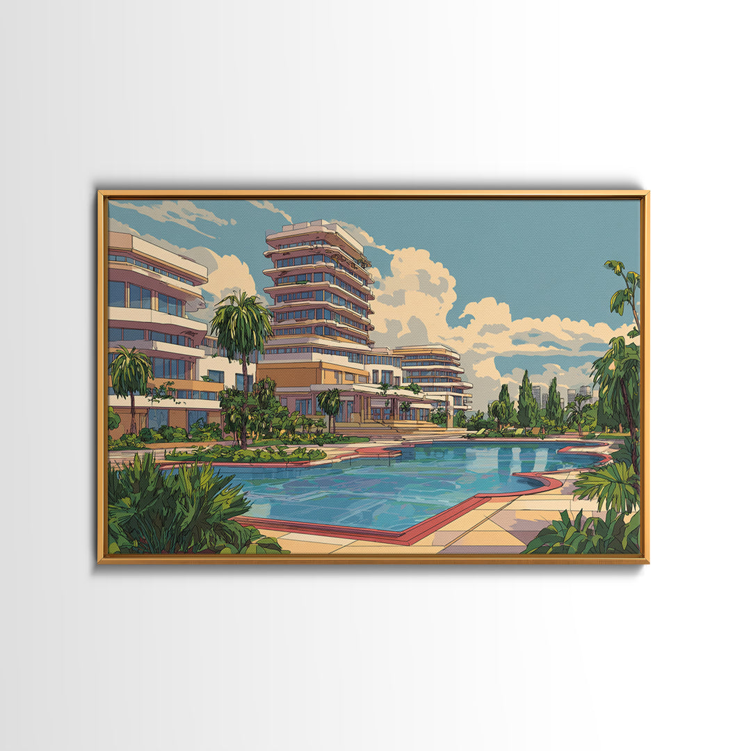 Sunny Resort Pool And Palm Terrace Framed Canvas Print, Mid Century Modern Wall Art, Retro Travel Poster, Office Decor Print