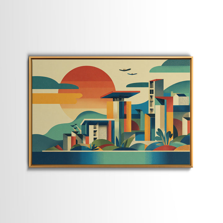 Geometric Coastal City Sunset Canvas Print, Mid Century Modern Wall Art, Bauhaus Poster, Colorful Abstract Home Decor Print