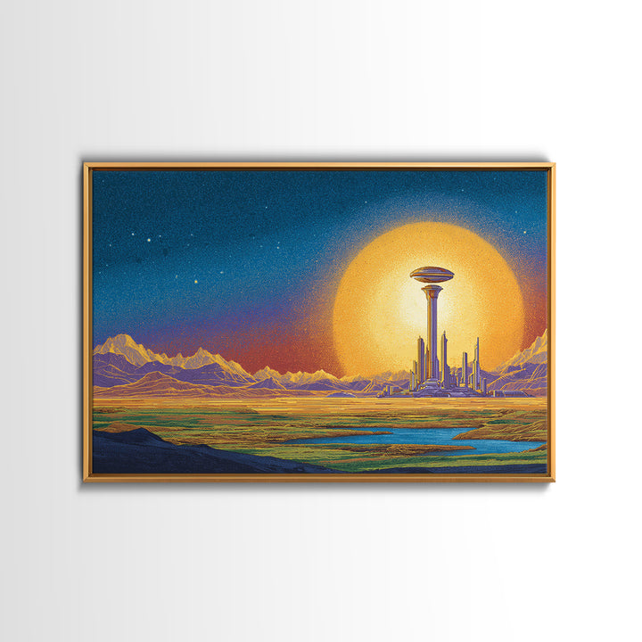 Retro Futuristic Space City With Golden Moon Wall Art, Mid Century Modern Poster, Sci Fi Landscape Print, Man Cave Decor
