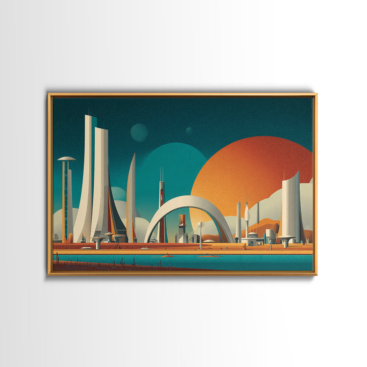 Futurist White Towers And Arched City Canvas Print, Mid Century Modern Wall Art, Retro Sci Fi Poster, Large Wall Decor Print