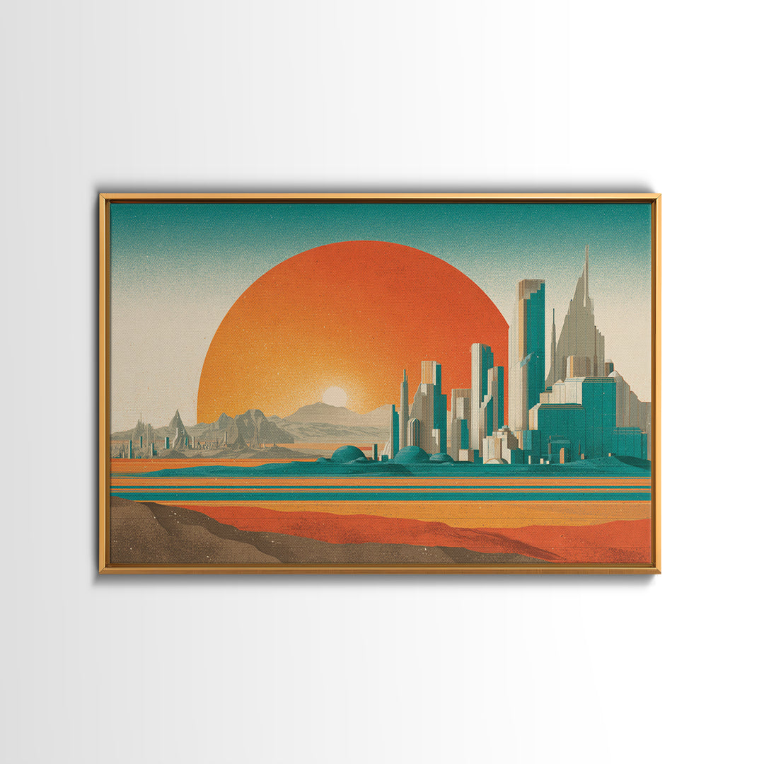 Desert Metropolis With Giant Orange Sun Framed Canvas Print, Mid Century Modern Wall Art, Retro Futuristic Poster, Office Decor